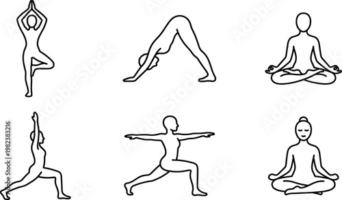 A set of six different yoga poses for flexibility and relaxation