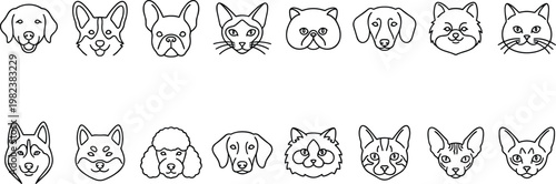 A collection of cute animal faces drawn in black and white on a plain background