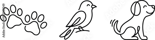 A simple line drawing of a paw print, a bird, and a dog.