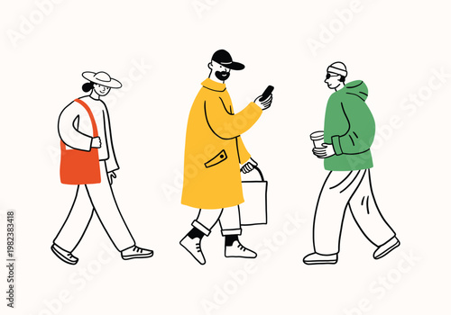 Doodle people walking. Simple funny contour style illustration, different characters, line illustration. Men, women and teenagers on a walk, riding a scooter. Print, sketch, scribble modern urban art.