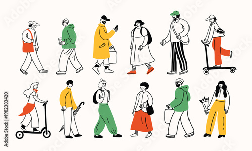 Doodle people walking. Funny simple contour style illustration, different characters, line illustration. Men, women and teenagers on a walk, riding a scooter. Print, sketch, scribble modern urban art.