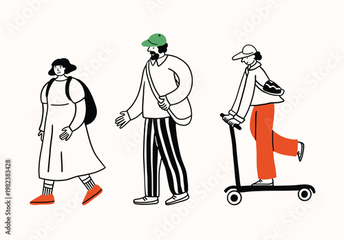 Doodle people walking. Simple funny contour style illustration, different characters, line illustration. Women, men, and teenagers on a walk, riding a scooter. Print, sketch, scribble modern urban art