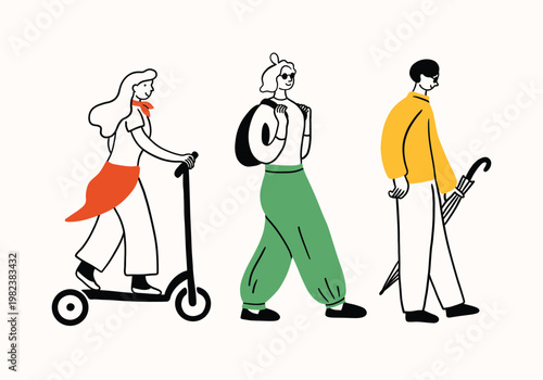 People walking. Simple funny contour doodle style illustration, different characters, line illustration. Men, women and teenagers on a walk, riding a scooter. Print, sketch, scribble modern urban art.