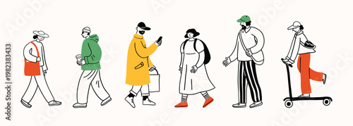 Doodle people walking. Simple funny contour style illustration, different characters, line illustration. Men, women on a walk, riding a scooter. Print, sketch, scribble modern urban art. Citizens.