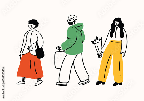 Doodle people walking, simple funny contour style illustration, different characters, line. Men, women and teenagers on a walk, riding a scooter. Print, sketch, scribble modern urban art.