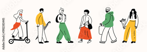 Doodle people walking. Simple funny contour style illustration, different characters, line illustration. Men, women on a walk. Print, sketch, scribble modern urban art. Citizens spring, summer.