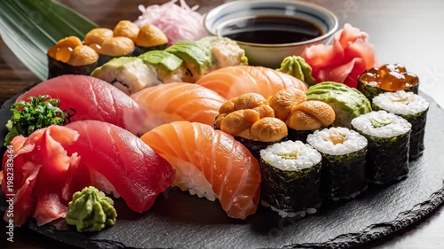 4k cinematic footage of fresh sushi platter preparation on wooden board close-up