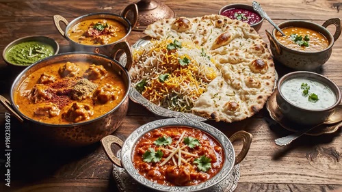 Delicious Indian cuisine on wooden table with naan bread and various curries
