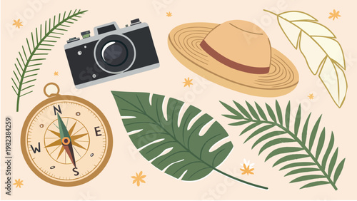 Tropical Summer Travel Adventure Set with Camera Compass Straw Hat and Palm Leaves Illustration Vector