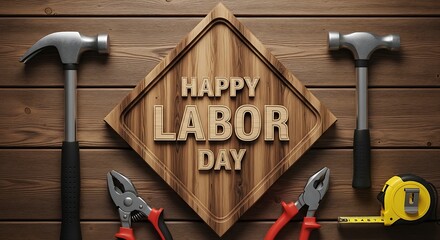 Happy Labor Day tools on wooden background
