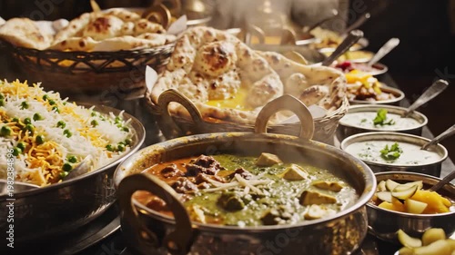 Slow motion close-up of traditional biryani rice dish being served in metal bowls, warm lighting