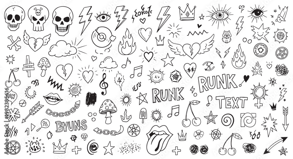 Fototapeta premium Hand-Drawn Doodle Sticker Sheet With Punk Skulls, Hearts, Music Notes and Rock Icons