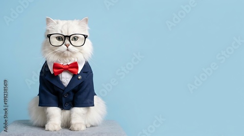Professional White Persian Cat in Navy Blue Suit and Red Bowtie with Glasses, Funny Business Cat Portrait with Copy Space