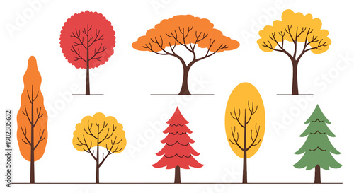 Autumn Tree Illustration Set - Colorful Flat Vector Trees and Foliage for Seasonal Design