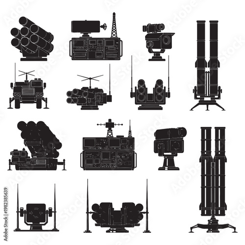 Military Missile and Air Defense Systems Silhouettes: Launchers, Radars, Surveillance Equipment