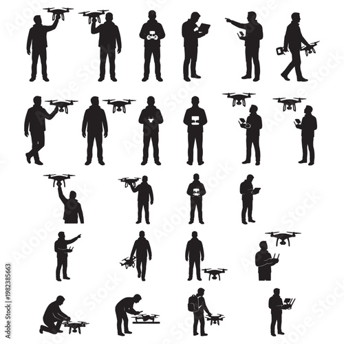 Drone Operator Silhouettes Set: Pilots Holding Controllers and Quadcopters in Various Poses