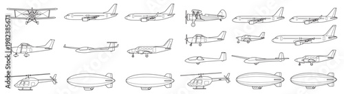 Set of Airplane and Aircraft Line Drawings: Jets, Prop Planes, Biplanes, Helicopters and Blimps