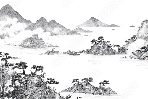 Black and white traditional Asian landscape featuring mountains, water, and islands with trees