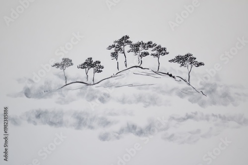 Ink sketch of trees atop a hazy mound, surrounded by whispy fog. A minimalist landscape