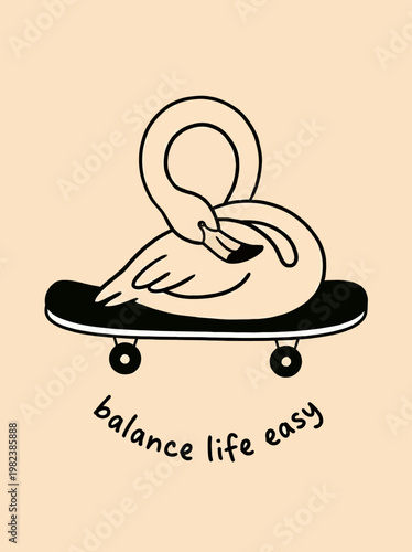Swan Riding a Skateboard in Balance.