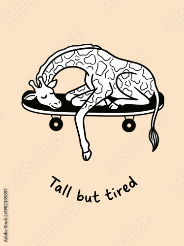 Tired cow on a skateboard sleeping.