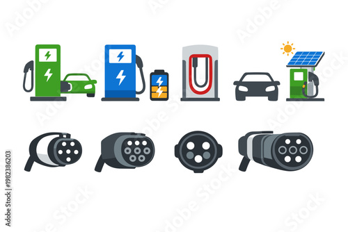 Electric Vehicle Charging Station Icons Set Featuring Various EV Plug Types, Solar Powered Charger, Battery Level, and Car Silhouette for Sustainable Transportation and Green Energy Technology.