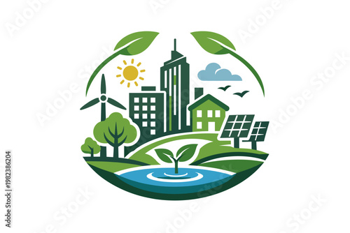 Eco-friendly sustainable city icon vector with smart urban buildings, green real estate symbol, solar panels, wind turbine, and nature elements for environmental conservation and renewable energy.
