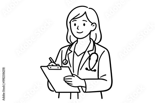 Simple line art illustration of a female doctor or medical professional wearing a lab coat and stethoscope, holding a clipboard and pen, minimalist healthcare worker vector for clinical design.