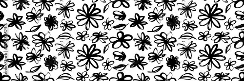 Ink brush stroke flowers seamless pattern
