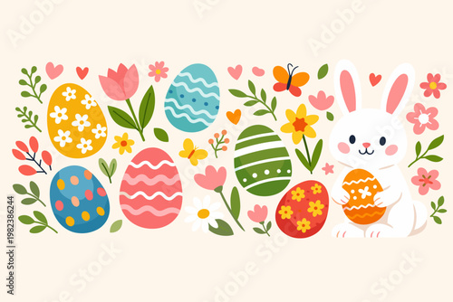 Happy Easter horizontal banner with cute white bunny holding an orange egg, colorful decorated Easter eggs, spring flowers, tulips, daisies, butterflies, and green leaves on a light background.