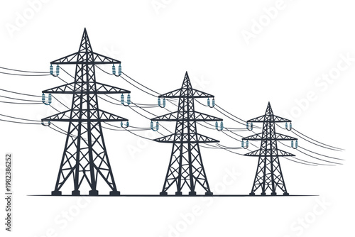 High voltage power transmission towers with electrical lines and electricity grid infrastructure vector illustration isolated on white background for energy, utility, and industrial concepts.
