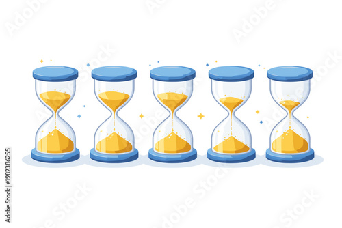 Isometric hourglass set with different sand levels showing countdown time limit and deadline progress concept. Vector illustration of sandglass timers for business management and productivity.