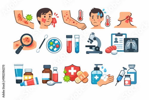Infected Eczema Symptoms, Diagnosis, and Treatment Vector Icon Set. Flat Illustration of Skin Rash, Fever, Microscope, Medicine, Ointment, and Healthcare Symbols for Dermatology and Medical Design.
