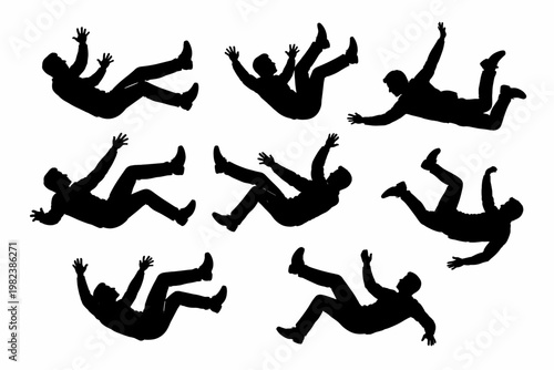 Set of Silhouettes of Men Falling in Various Poses, People in Free Fall Vector Illustration, Collection of Male Figures Tumbling Down or Jumping, Simple Flat Vector Design for Business Concepts