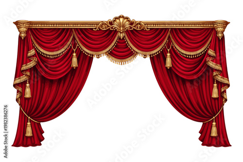 Luxury Red Velvet Theater Curtains with Ornate Gold Cornice and Tassels, Realistic Vector Illustration of Elegant Stage Drapery and Textile Lambrequin for Interior Decor Isolated on White Background