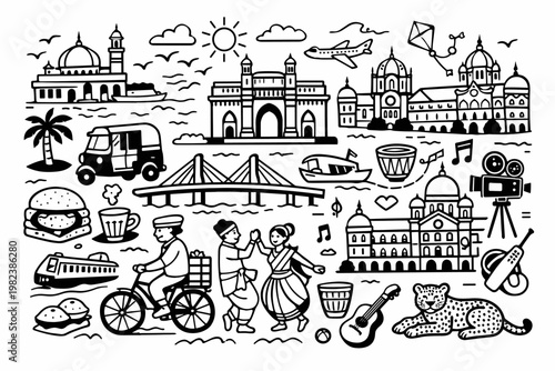 Mumbai City Doodle Art Illustration Featuring Iconic Landmarks like Gateway of India, Taj Mahal Palace, Bandra-Worli Sea Link, Bollywood Camera, Dabbawala, and Local Culture in Black and White.