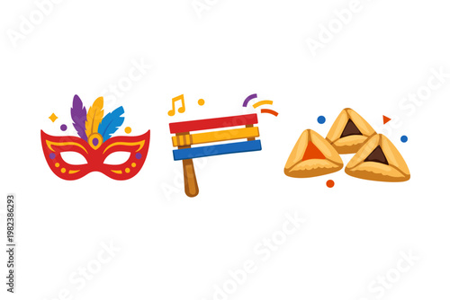 Purim Jewish Holiday Traditional Symbols Set Featuring a Colorful Carnival Mask with Feathers, a Wooden Gragger Noisemaker, and Delicious Hamantaschen Cookies for Festive Celebration and Decor