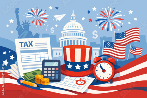 National Tax Day in the United States Illustration with Uncle Sam Hat, Federal Income Tax Filing Deadline Forms, Calculator, Money, US Flags, and Capitol Building Background for Finance Concept