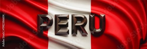 Peru Text on Flowing Peruvian Flag Background, Patriotic Red and Transparent Banner Design, National Identity Travel Concept