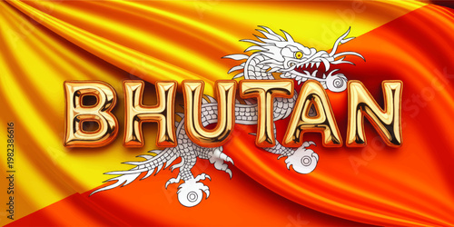 Golden Bhutan Text with White Dragon on Vibrant Orange Yellow Flag Background, Bhutan National Identity Illustration