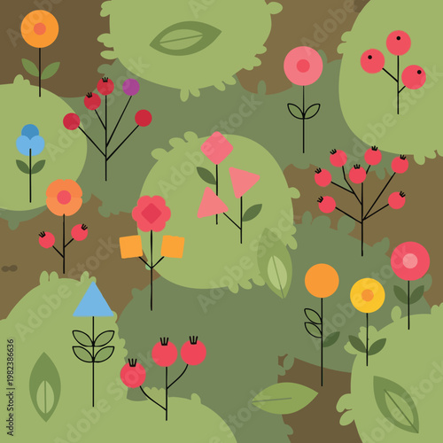 Colorful Floral and Garden Illustration with Various Plants and Flowers