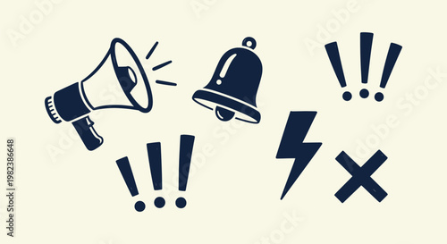 Collection of Minimalist Notification Symbols with Megaphone Bell and Warning Icons for Web Design