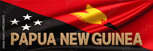 Papua New Guinea Flag Waving Silk Fabric with Rustic Wooden Typography, National Pride Banner Background Illustration