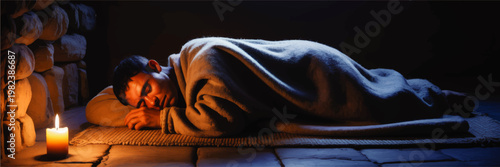 Sleeping man wrapped in blanket by candlelight on stone floor in dark rustic shelter, solitude, poverty, survival concept
