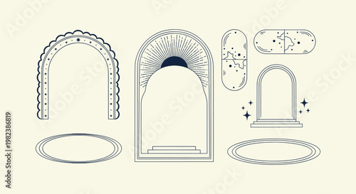 Mystical Celestial Arch Frames and Cosmic Elements Vector Set for Minimalist Boho Branding Designs