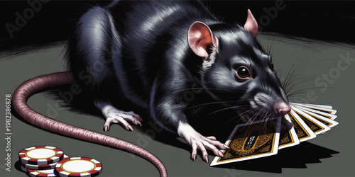 Realistic black rat playing poker with cards and chips, detailed animal illustration of gambling, risk, luck and strategy