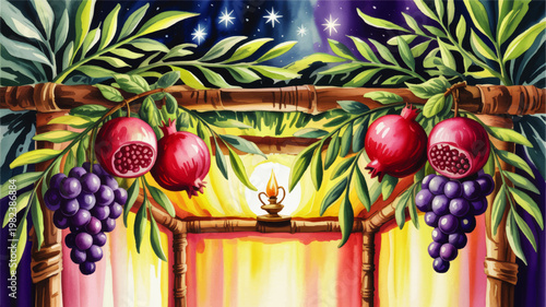 Watercolor Jewish Sukkot scene with pomegranates grapes olive branches and oil lamp under starry night sky