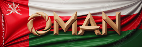 Oman text on waving national flag of Oman with red white green fabric, emblem symbol and patriotic travel banner design