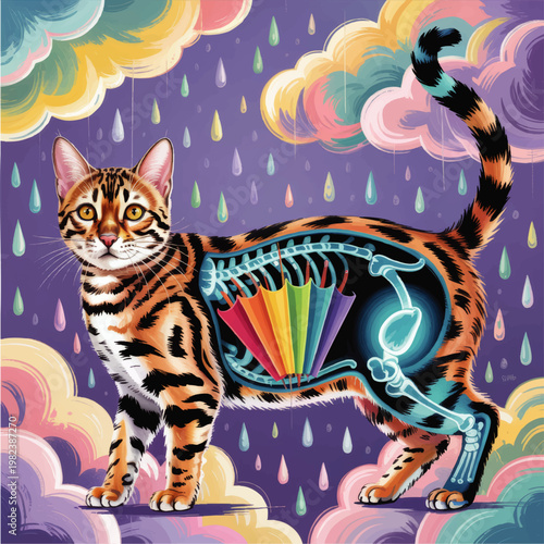 Surreal Bengal cat anatomy illustration with visible skeleton rainbow umbrella and pastel clouds under colorful raindrops