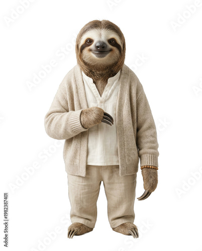 Cartoon sloth wearing casual outfit and smiling on white background  